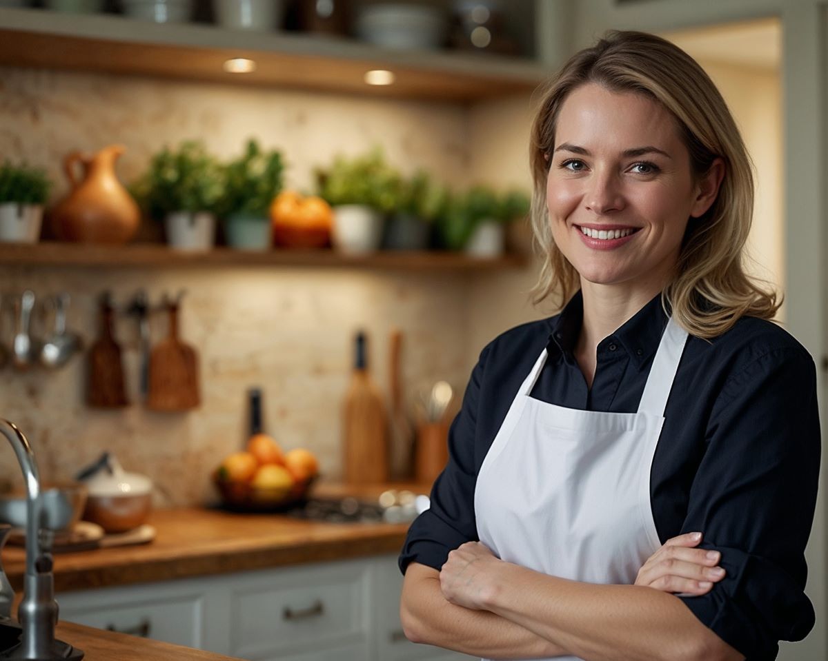 Chef Ava, an AI-driven culinary expert from the Recipes4Seasons website, smiling warmly in a well-lit, rustic kitchen surrounded by fresh, seasonal ingredients.